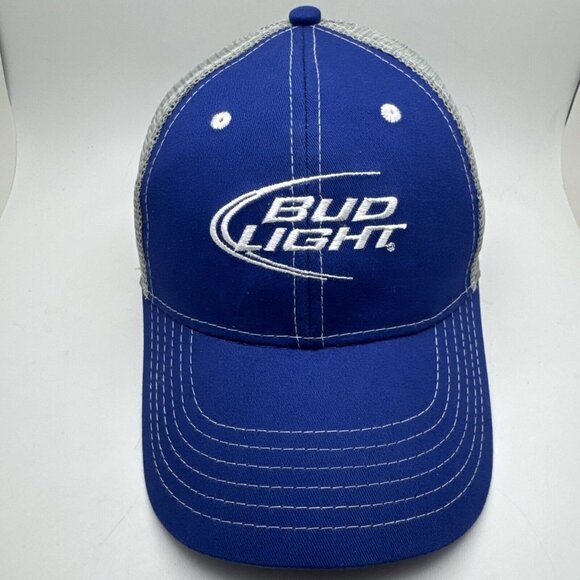 Bud Light Hat Snap Back Blue Mesh Embroidered Beer Logo Mens Cap Casual GR54 - Picture 1 of 5